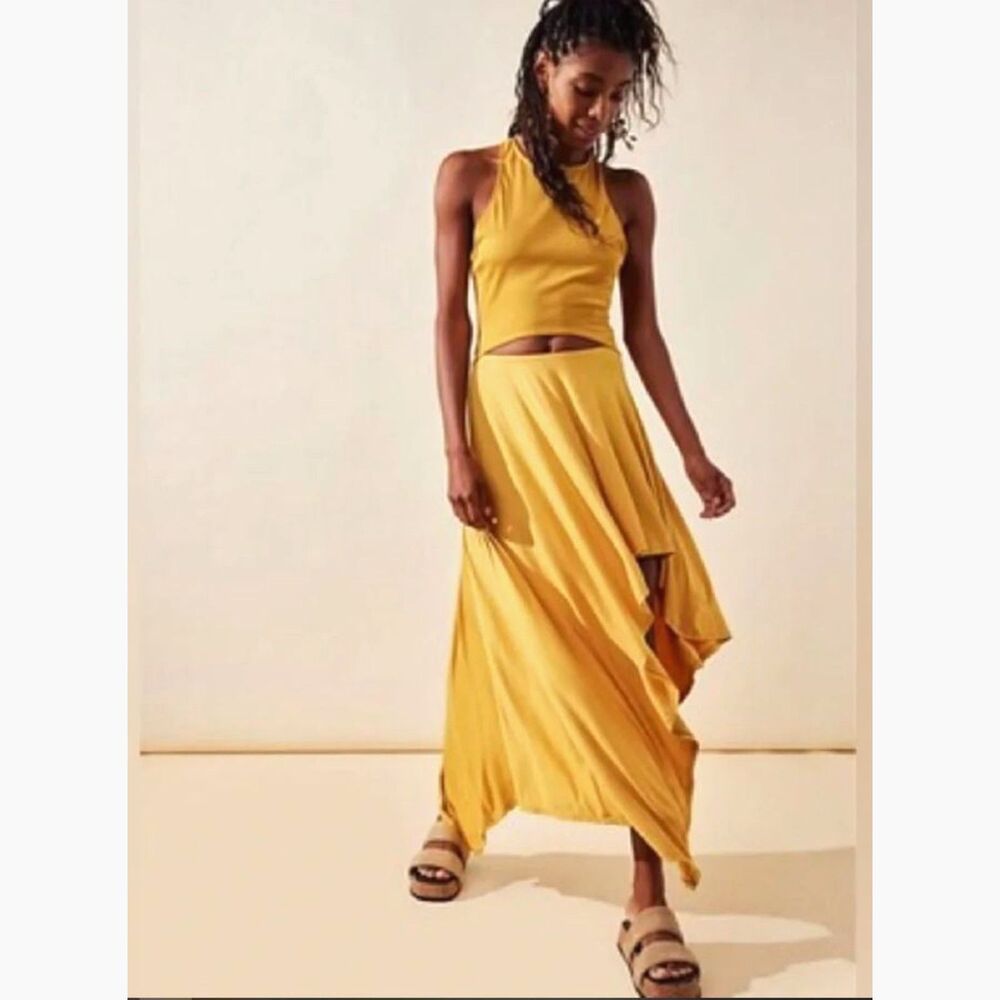 Free People Beach Women's cutout dress M open back Bethany Midi Mustard Yellow